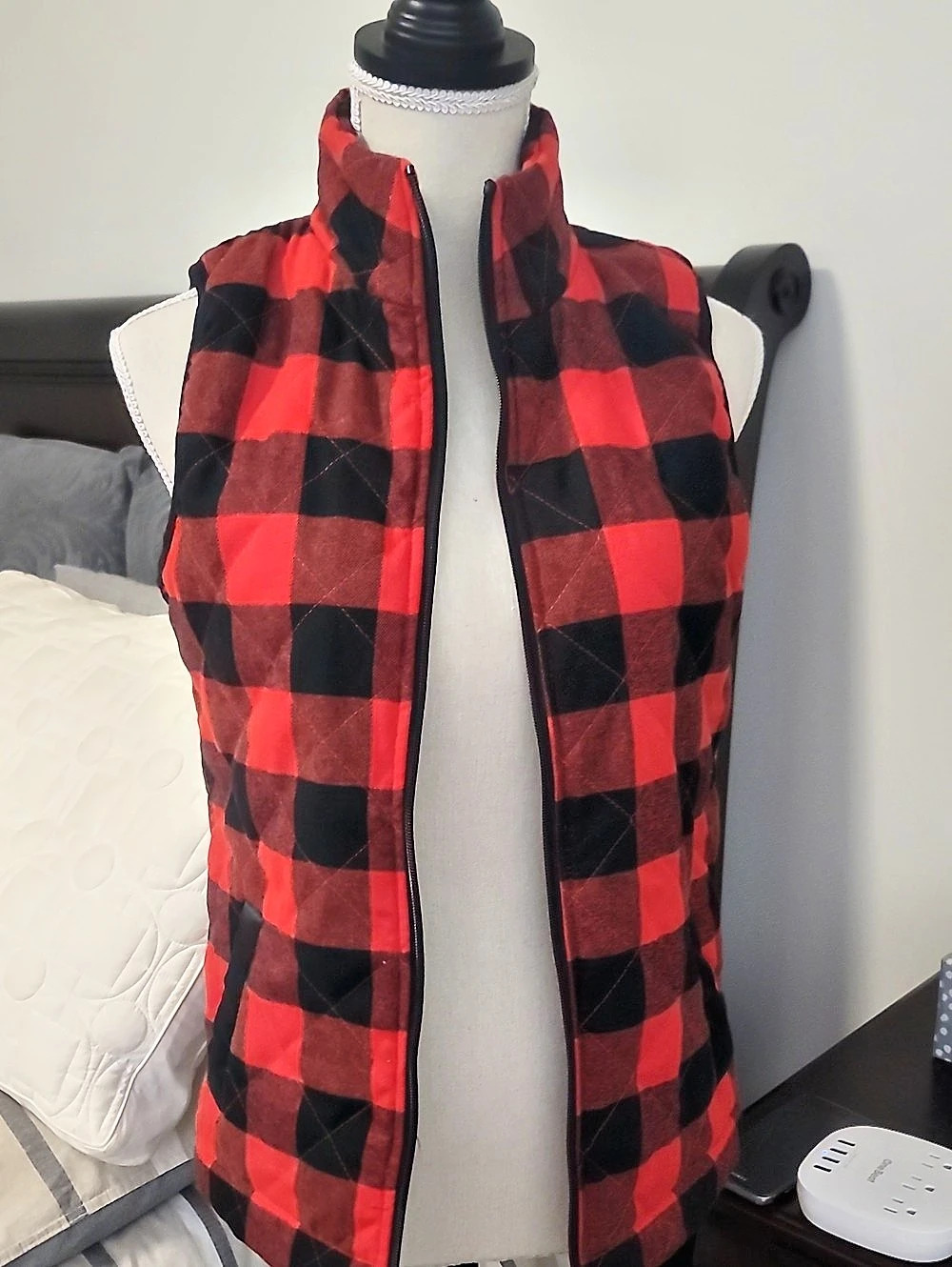 Pink Lily Buffalo Plaid Quilted Puffer Vest Red & Black
